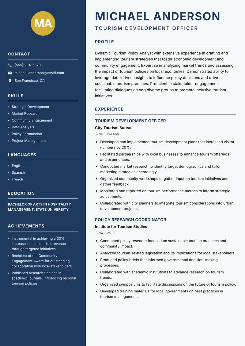 Tourism Policy Analyst resume template — Classic Clean