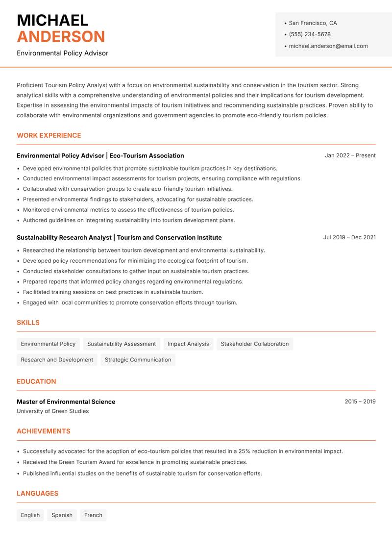 Tourism Policy Analyst resume template — Modern Professional