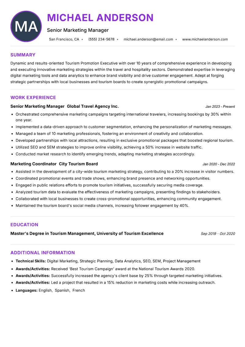Tourism Promotion Executive resume example — ATS-friendly template