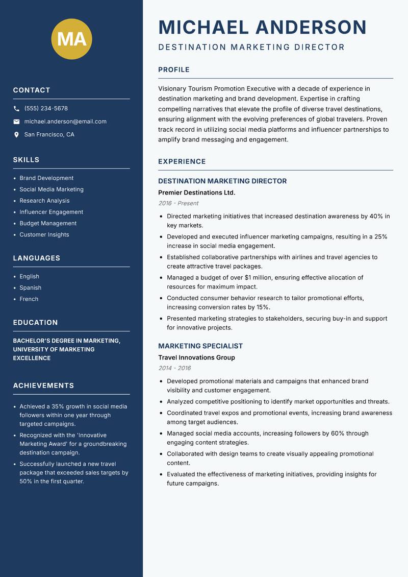 Tourism Promotion Executive resume template — Classic Clean