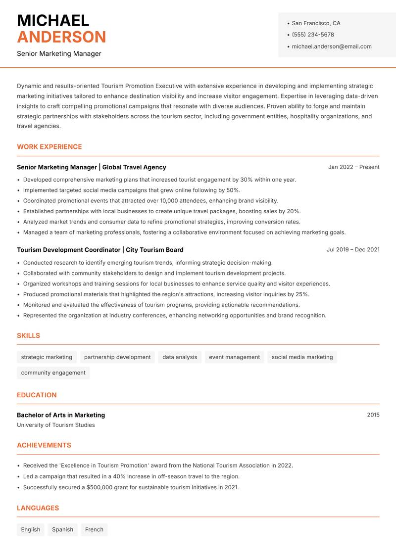Tourism Promotion Executive resume template — Modern Professional