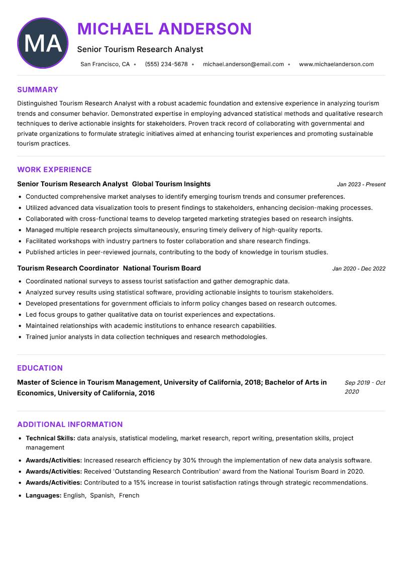 Tourism Research Analyst resume example — ATS-friendly template