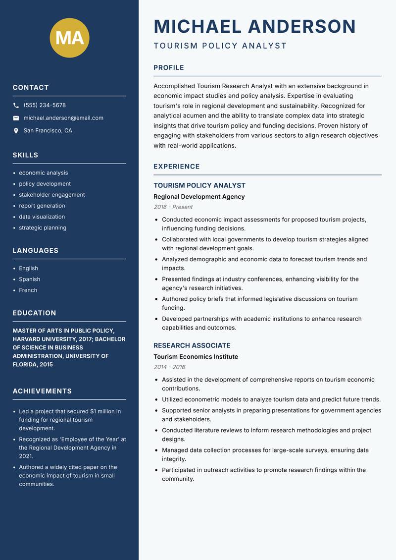 Tourism Research Analyst resume template — Classic Clean