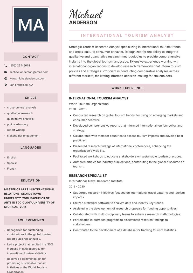 Tourism Research Analyst resume template — Executive