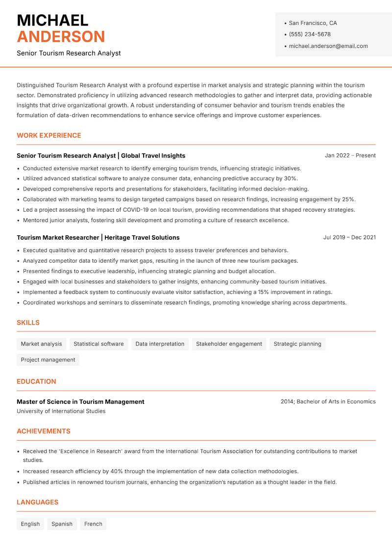Tourism Research Analyst resume template — Modern Professional
