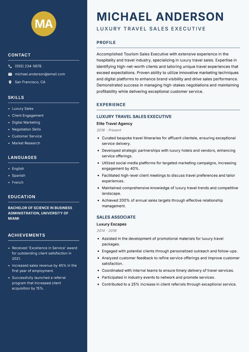 Tourism Sales Executive resume template — Classic Clean