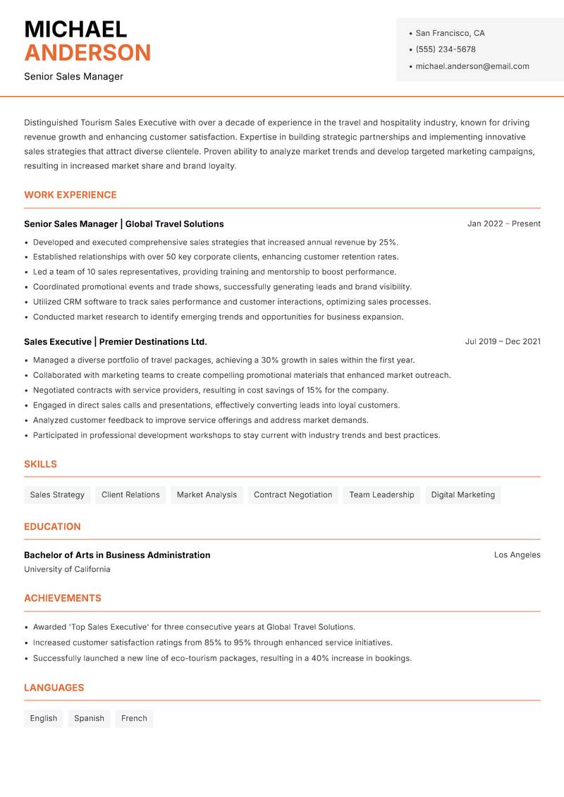 Tourism Sales Executive resume template — Modern Professional
