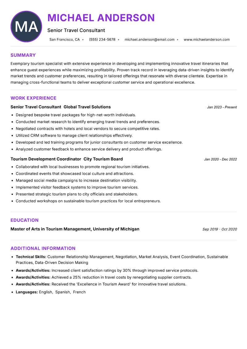 Tourism Specialist resume example — ATS-friendly template