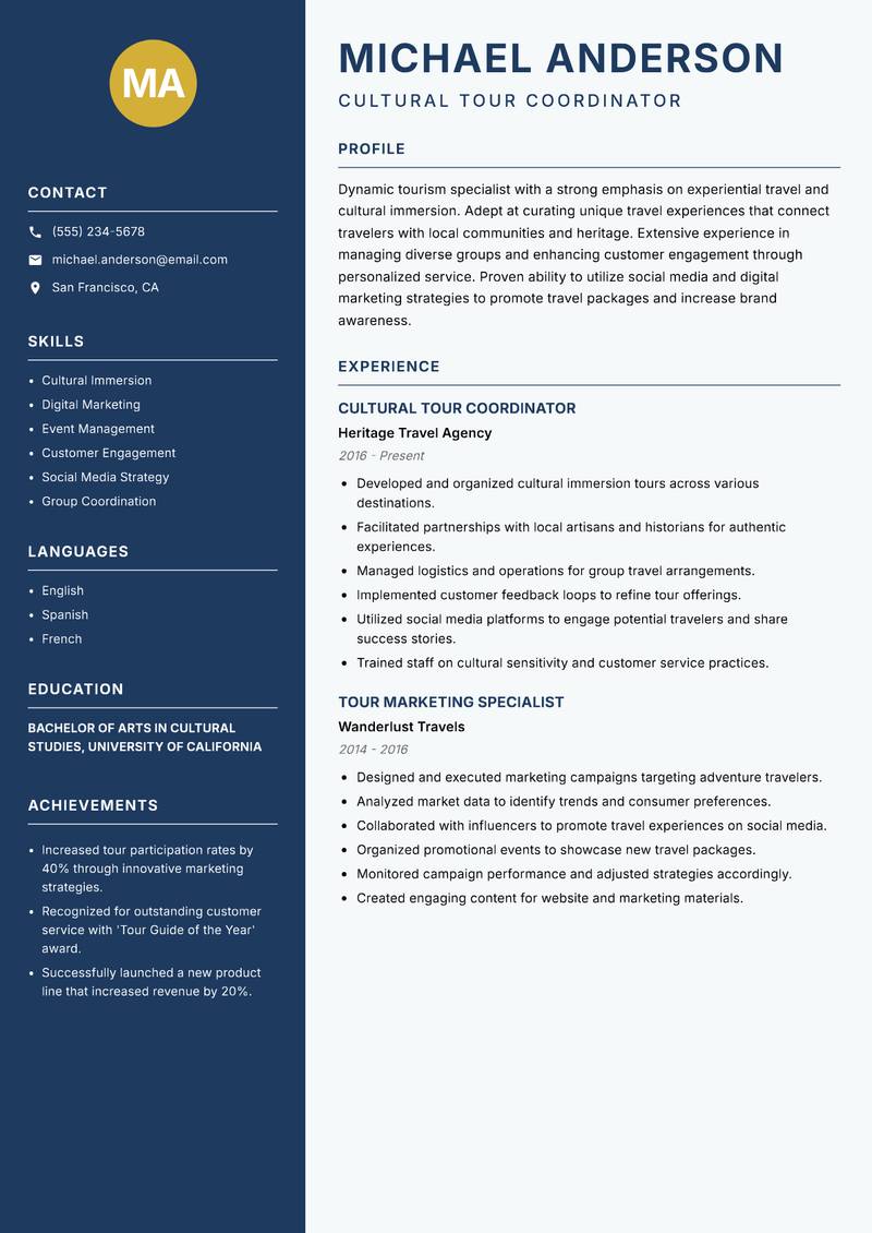 Tourism Specialist resume template — Classic Clean