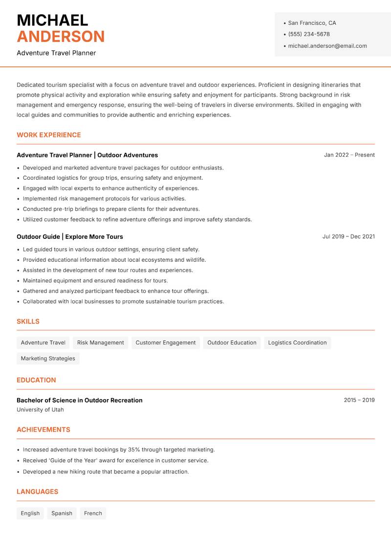 Tourism Specialist resume template — Modern Professional