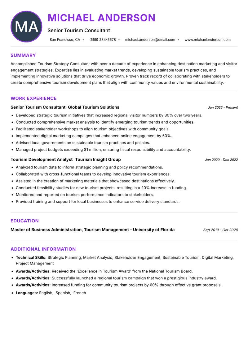 Tourism Strategy Consultant resume example — ATS-friendly template