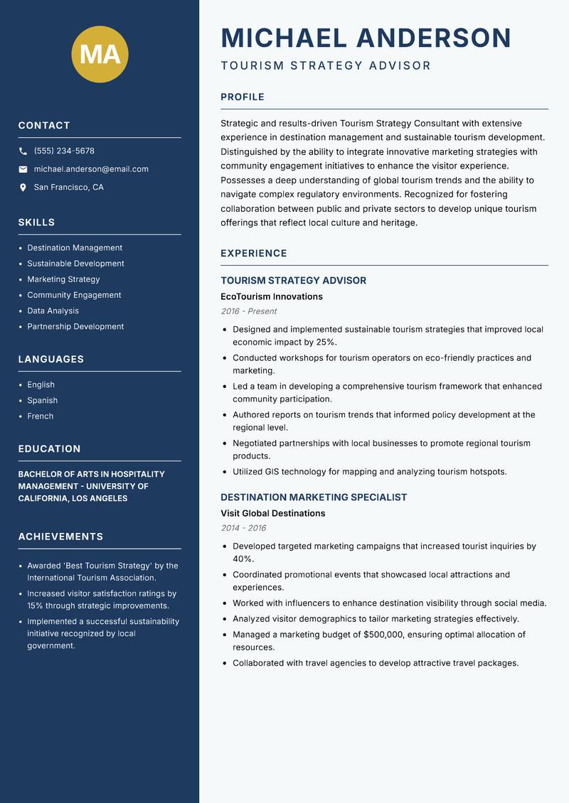 Tourism Strategy Consultant resume template — Classic Clean