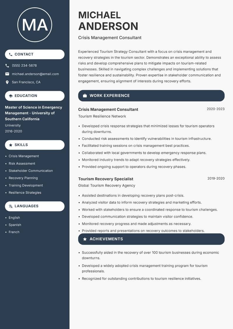 Tourism Strategy Consultant resume template — Compact
