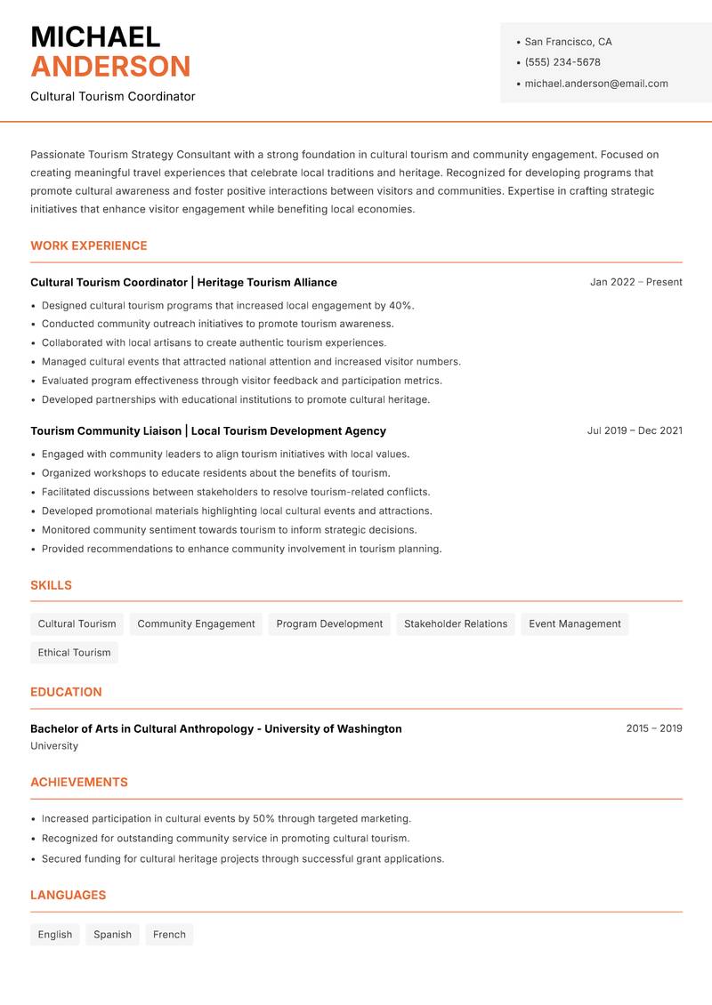 Tourism Strategy Consultant resume template — Modern Professional