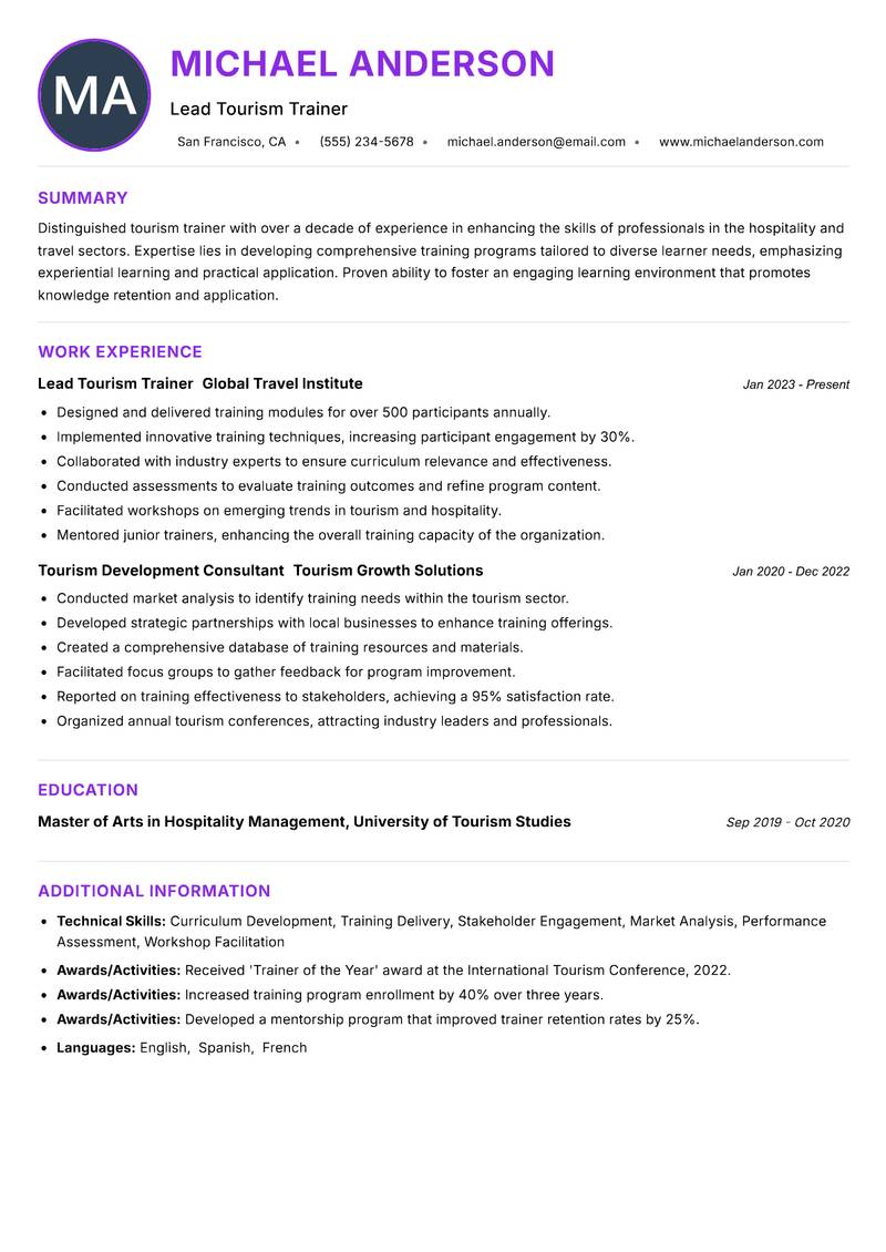 Tourism Trainer resume example — ATS-friendly template