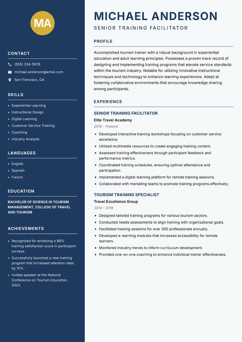 Tourism Trainer resume template — Classic Clean