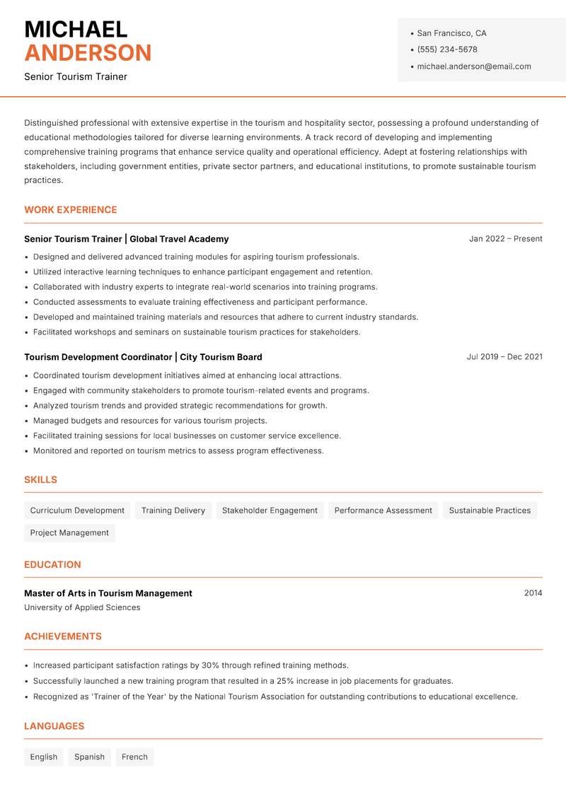 Tourism Trainer resume template — Modern Professional