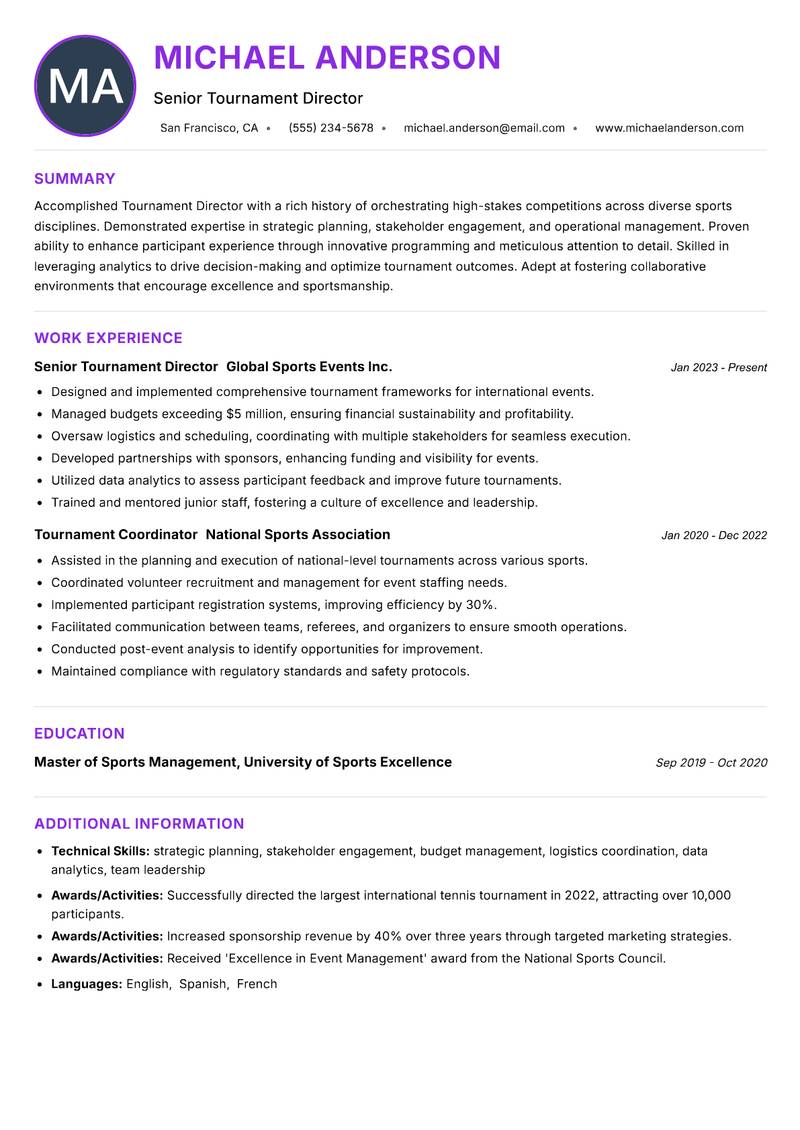 Tournament Director resume example — ATS-friendly template