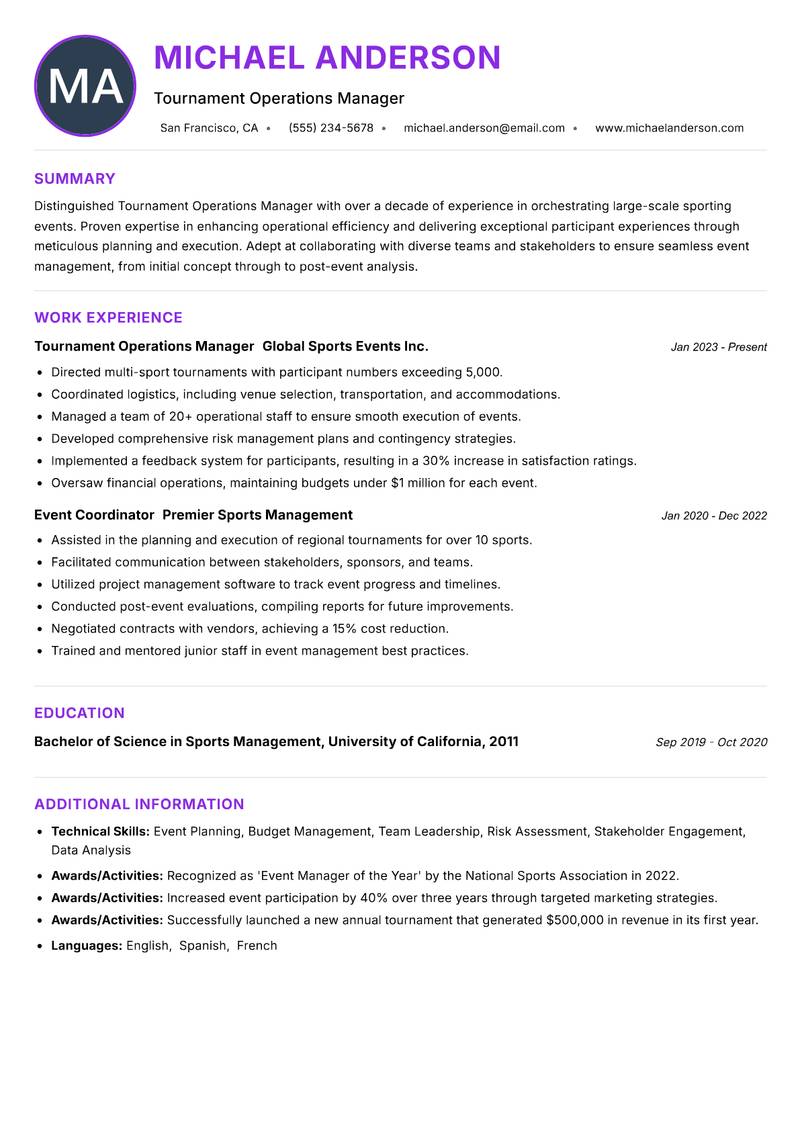 Tournament Operations Manager resume example — ATS-friendly template