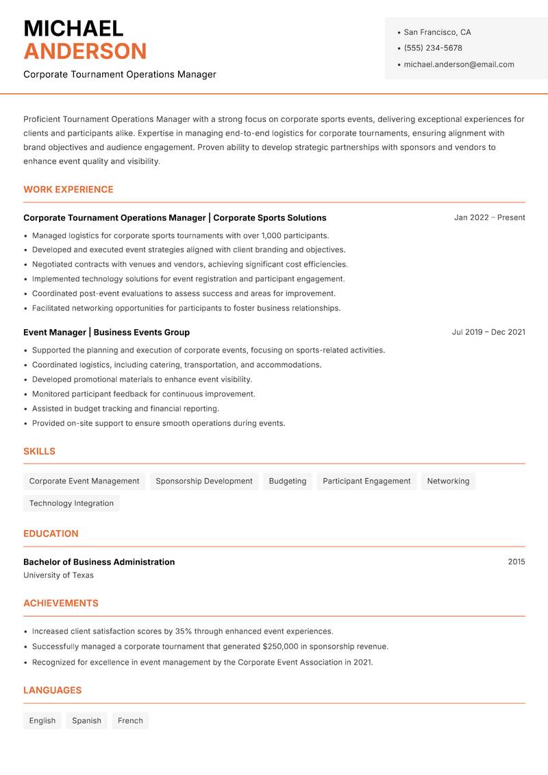 Tournament Operations Manager resume template — Modern Professional