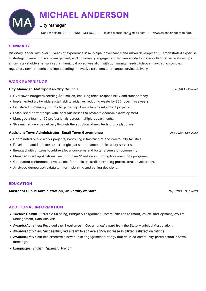 Town Administrator resume example — ATS-friendly template