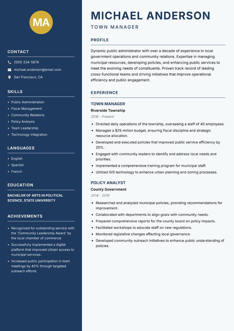 Town Administrator resume template — Classic Clean