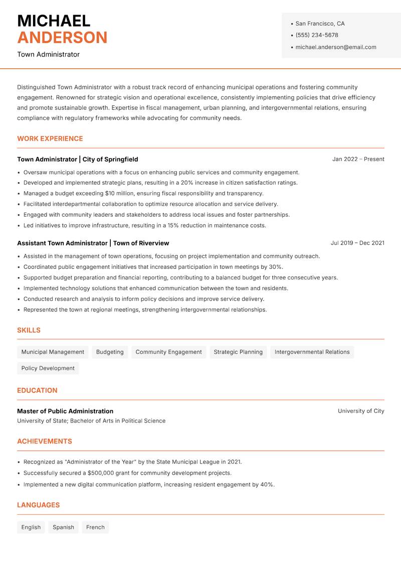 Town Administrator resume template — Modern Professional
