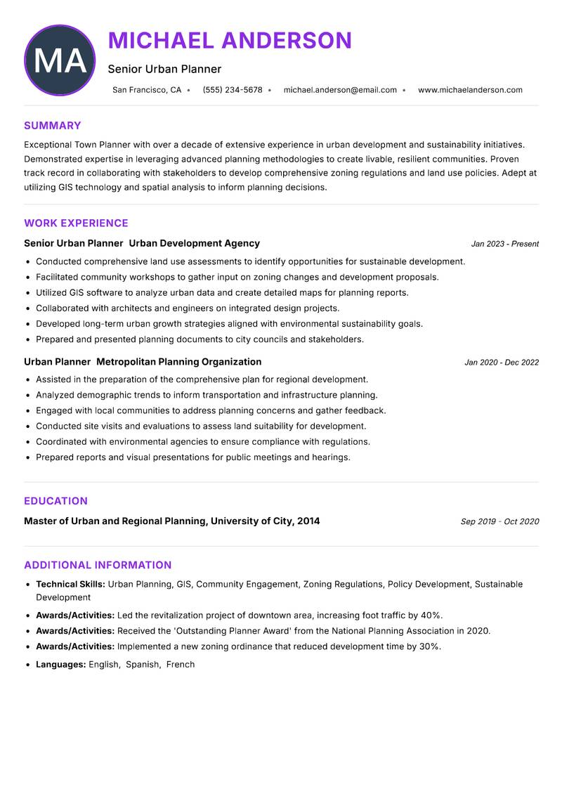 Town Planner resume example — ATS-friendly template
