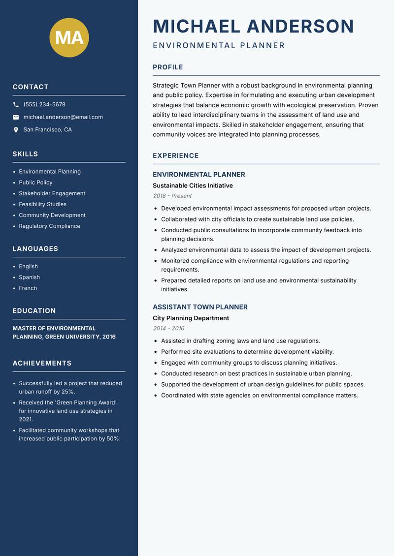 Town Planner resume template — Classic Clean
