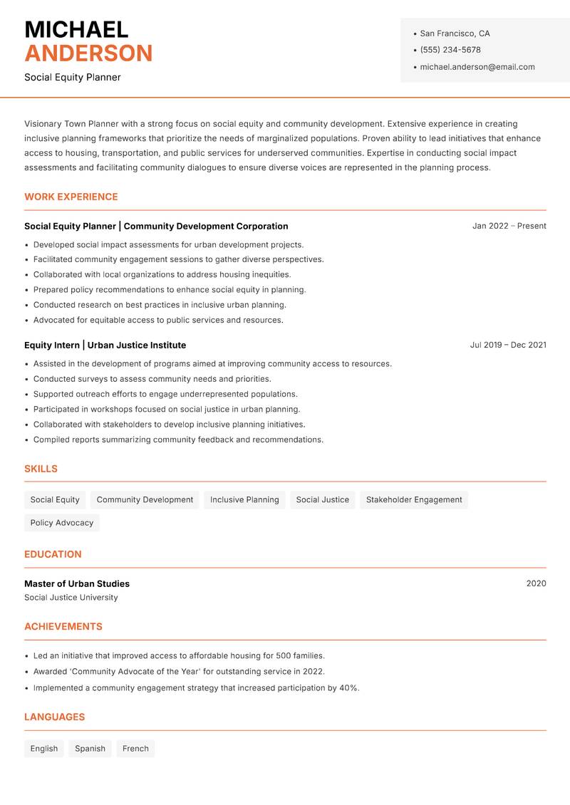 Town Planner resume template — Modern Professional