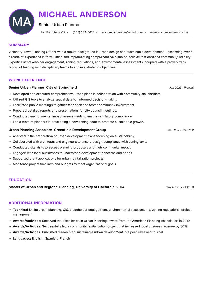 Town Planning Officer resume example — ATS-friendly template
