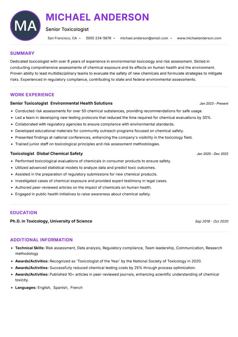 Toxicologist resume example — ATS-friendly template