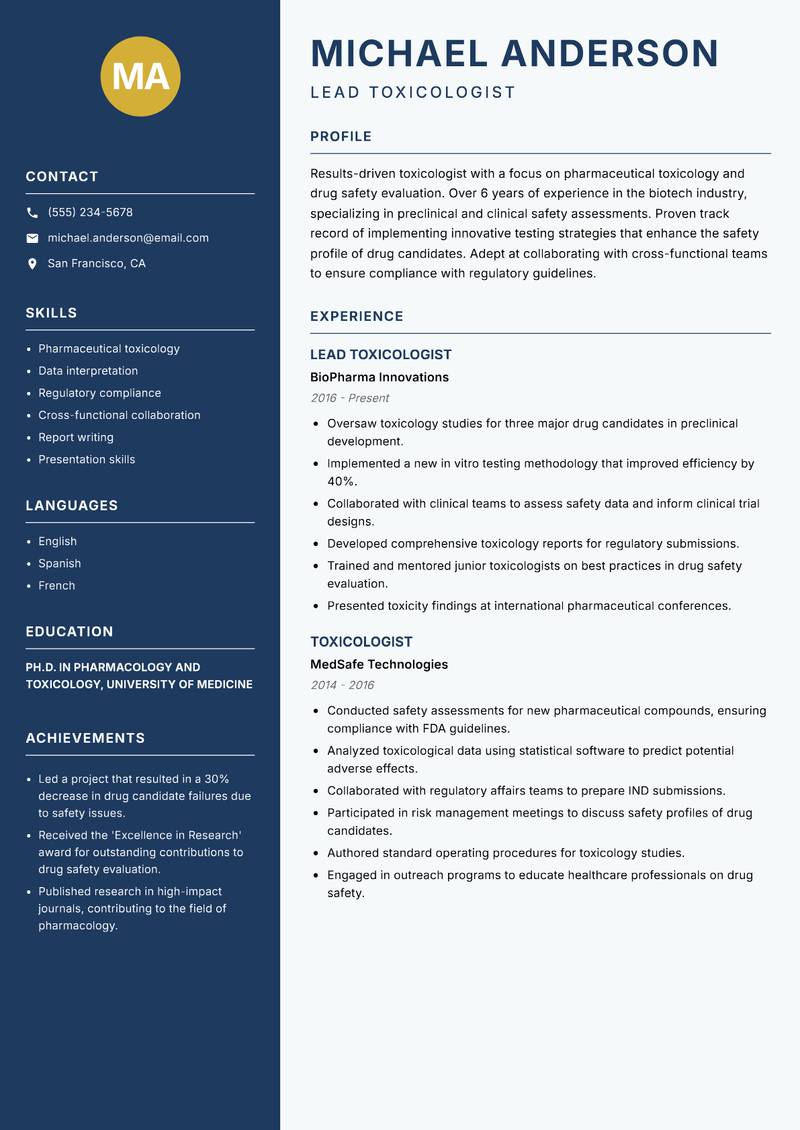 Toxicologist resume template — Classic Clean