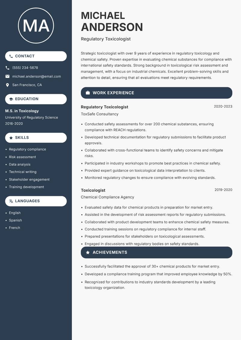 Toxicologist resume template — Compact