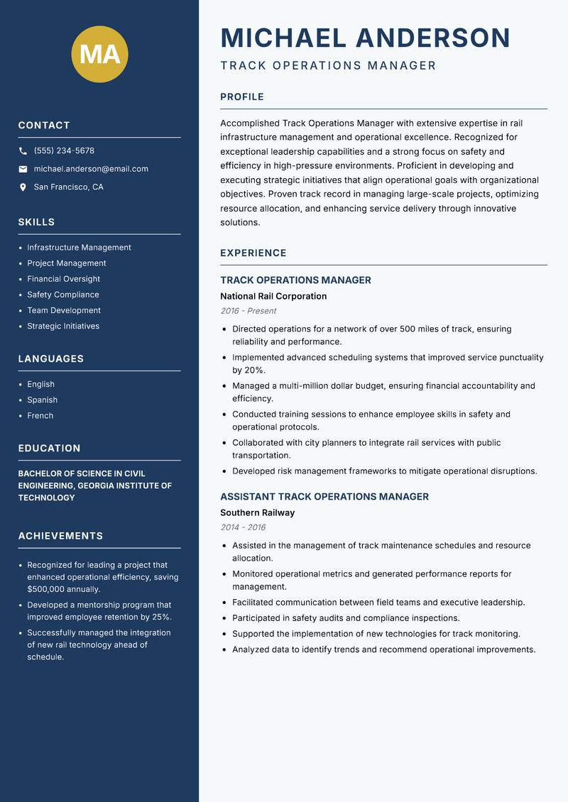 Track Operations Manager resume template — Classic Clean