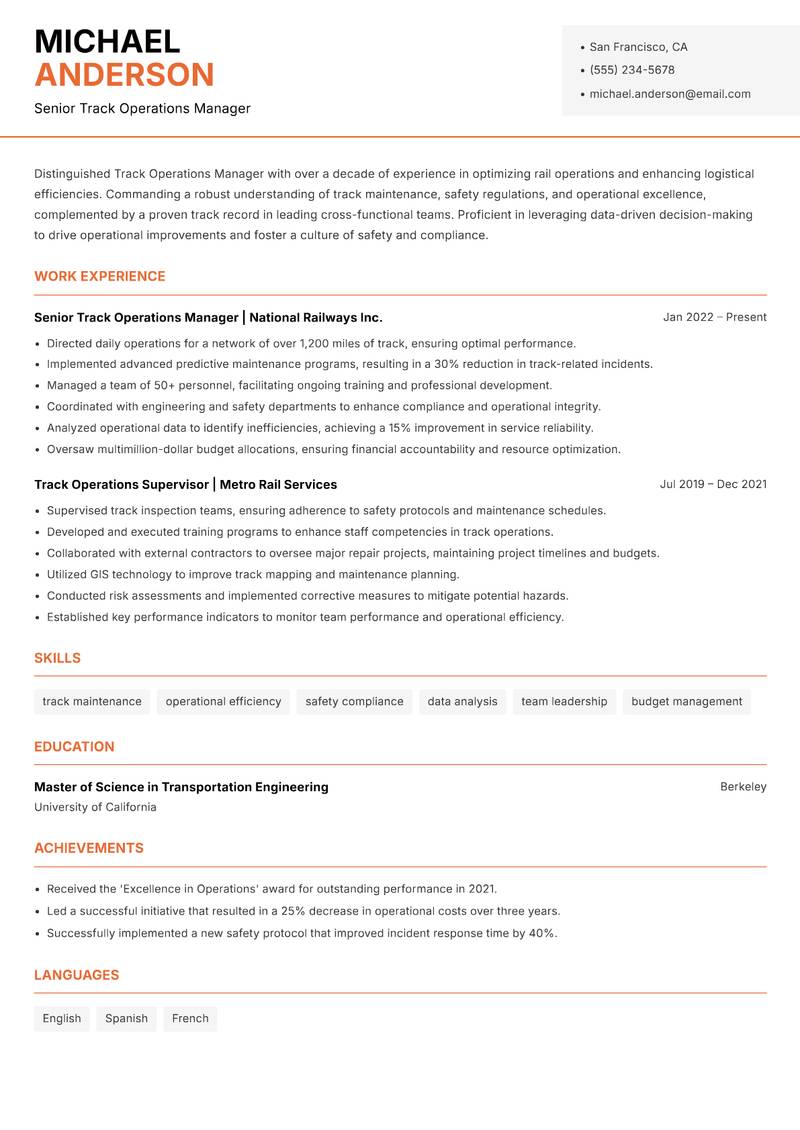 Track Operations Manager resume template — Modern Professional