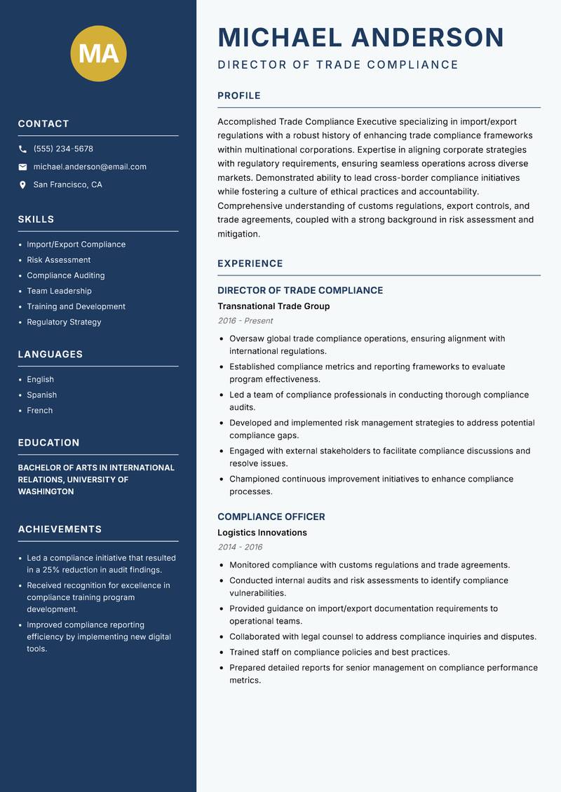 Trade Compliance Executive resume template — Classic Clean