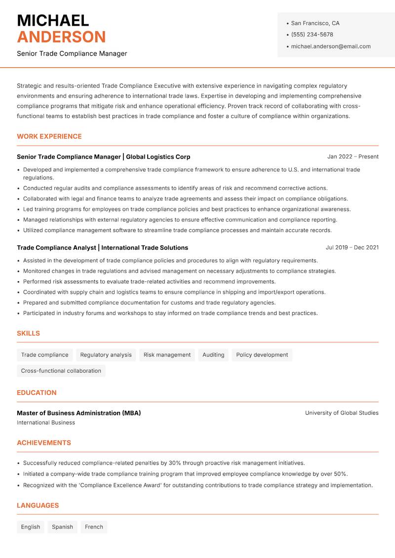 Trade Compliance Executive resume template — Modern Professional
