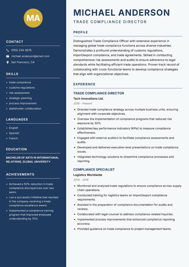 Trade Compliance Officer resume template — Classic Clean