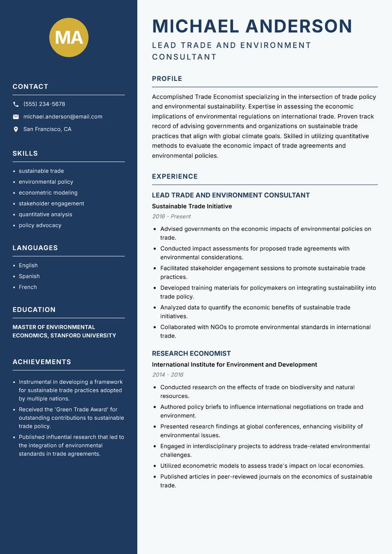 Trade Economist resume template — Classic Clean