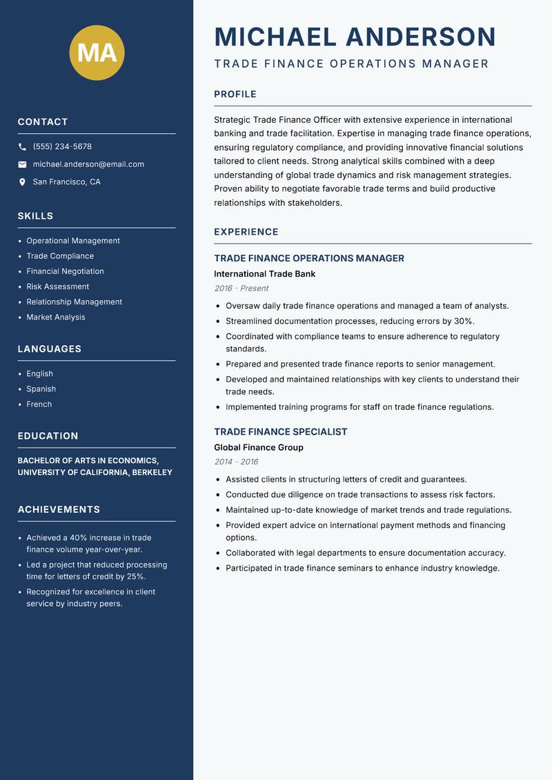 Trade Finance Officer resume template — Classic Clean