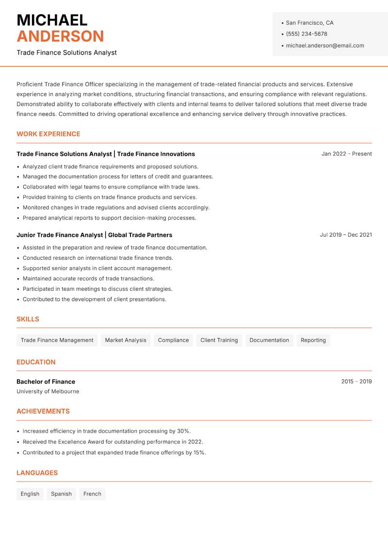 Trade Finance Officer resume template — Modern Professional