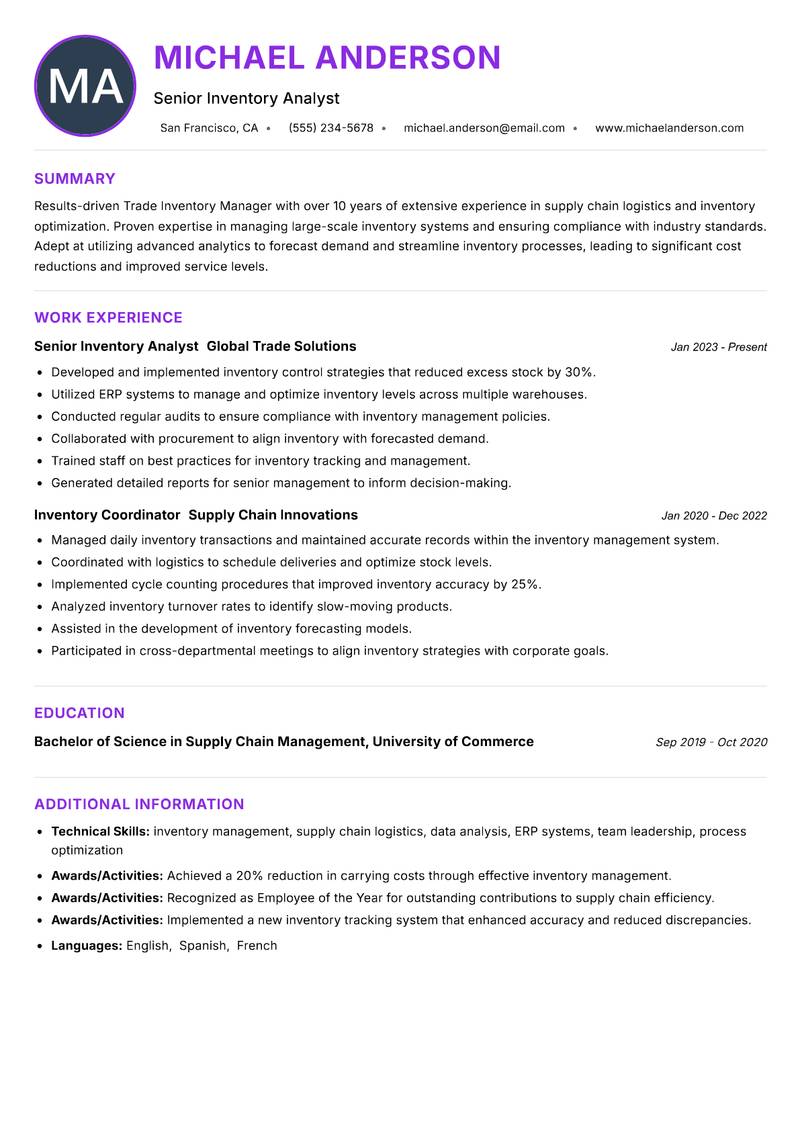 Trade Inventory Manager resume example — ATS-friendly template