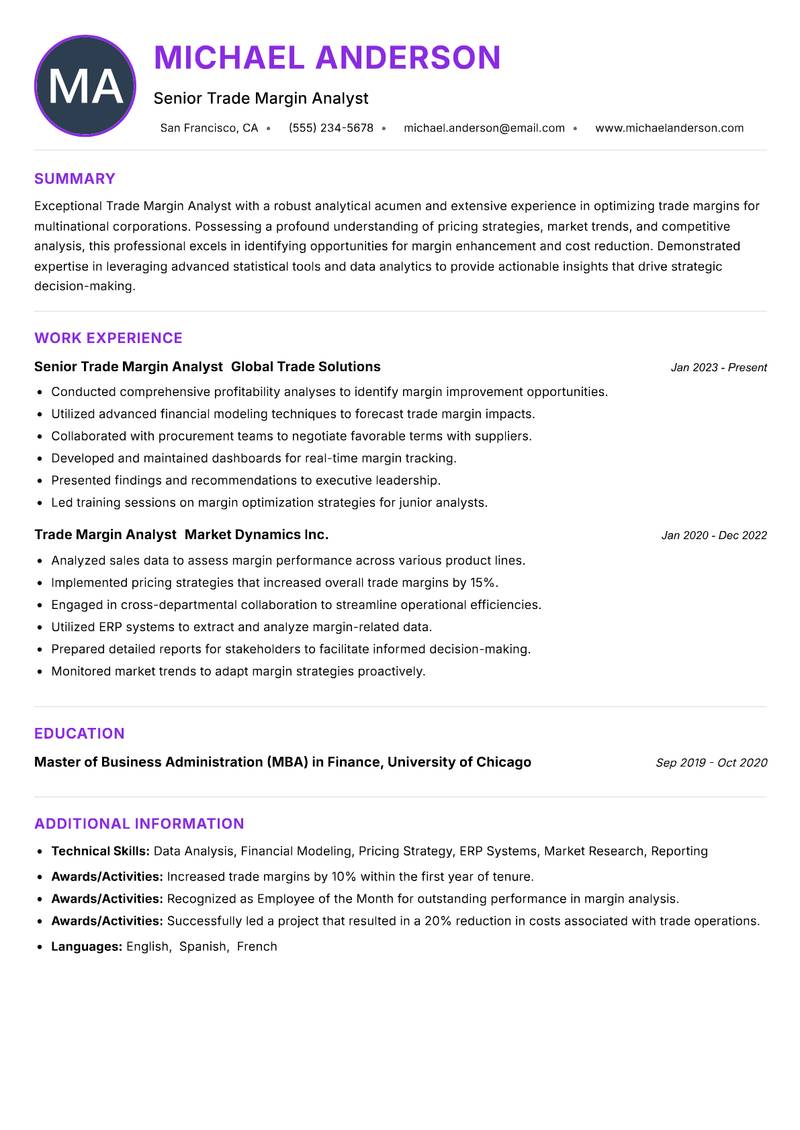 Trade Margin Analyst resume example — ATS-friendly template