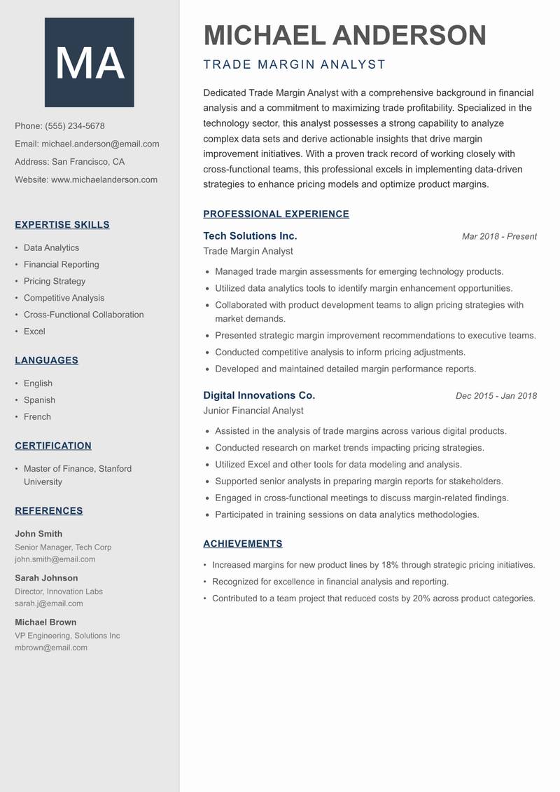 Trade Margin Analyst resume template — Creative Minimal