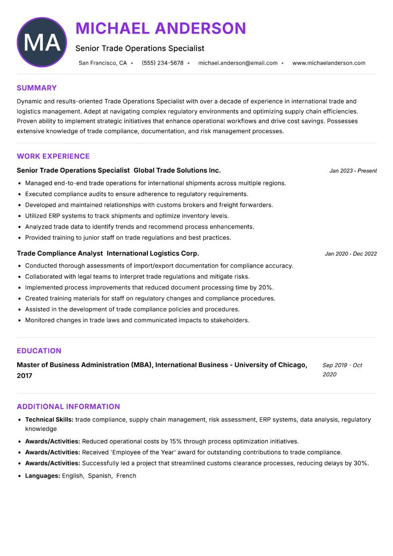 Trade Operations Specialist resume example — ATS-friendly template