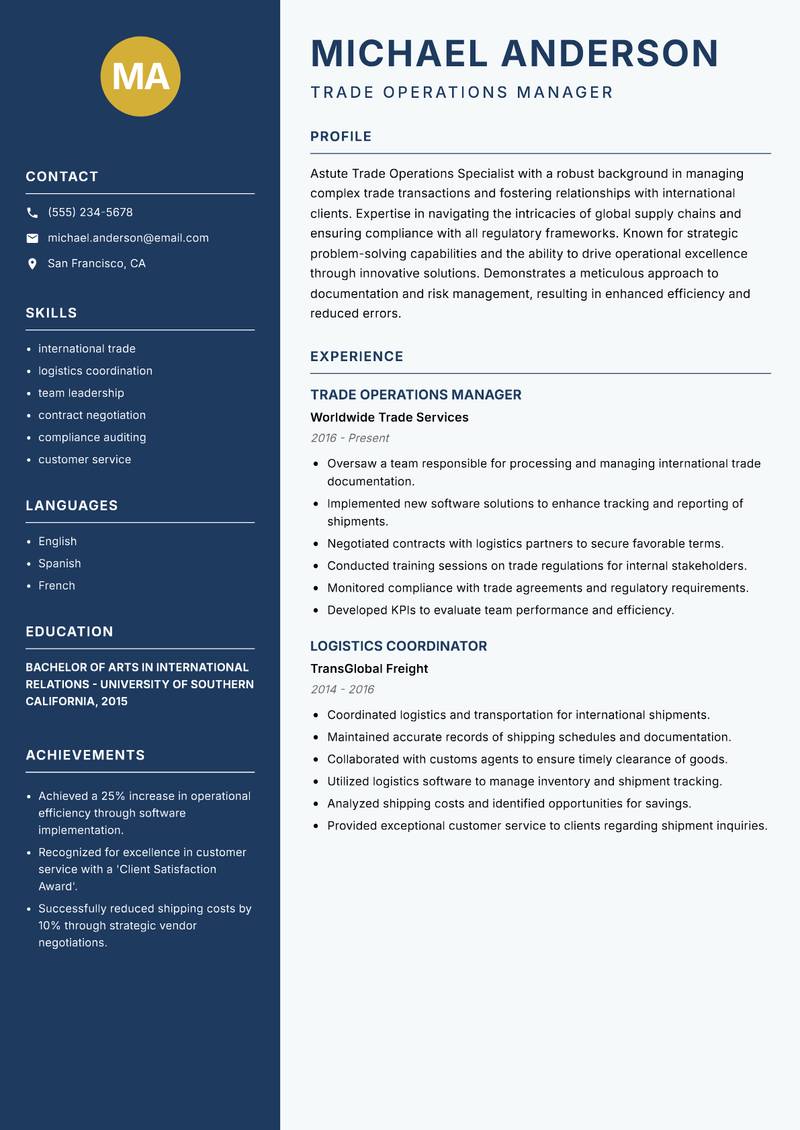 Trade Operations Specialist resume template — Classic Clean