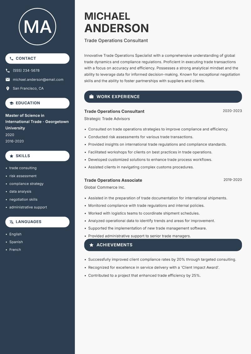 Trade Operations Specialist resume template — Compact