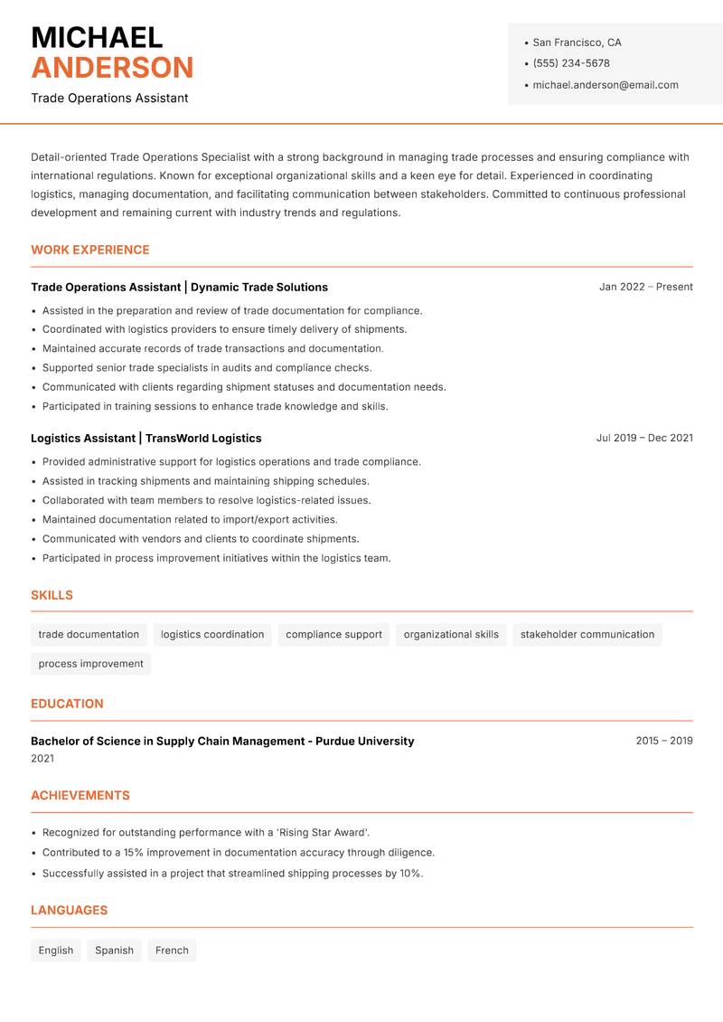 Trade Operations Specialist resume template — Modern Professional