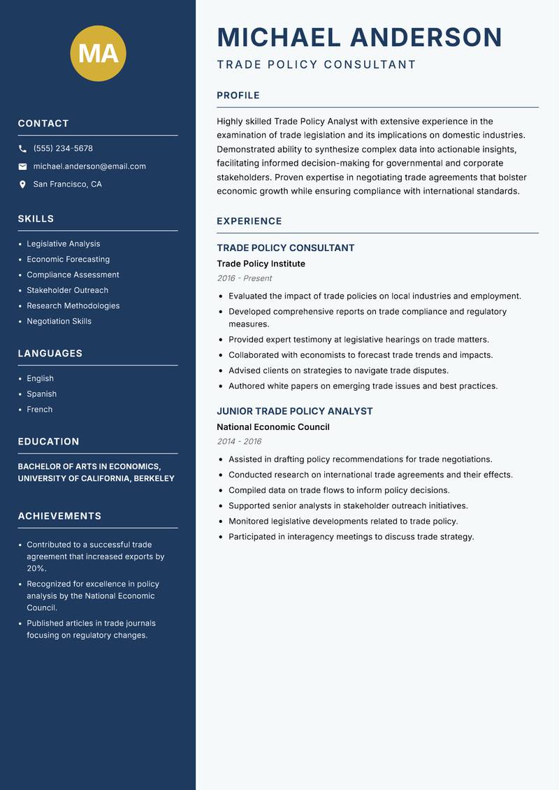 Trade Policy Analyst resume template — Classic Clean